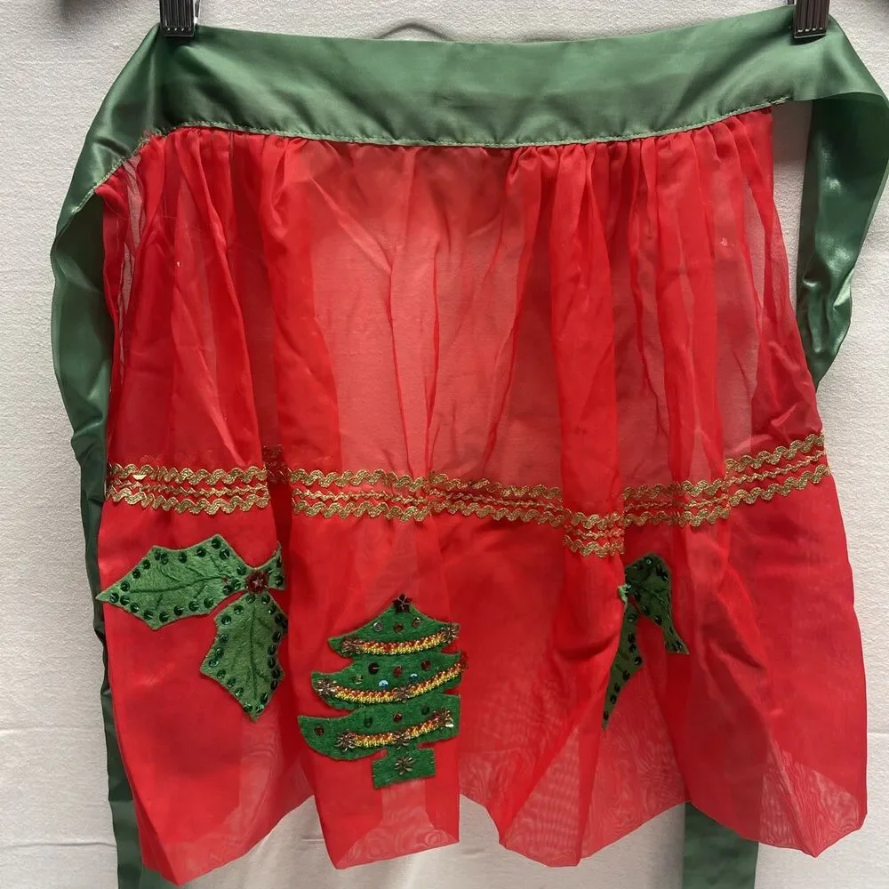 Vintage Handmade Red Christmas Sheer Kitchen Half Skirt Apron Trees Holly MCM